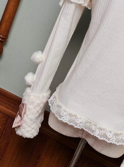 with Top Beige Sleeves Bows Knitted Long Pom-poms and