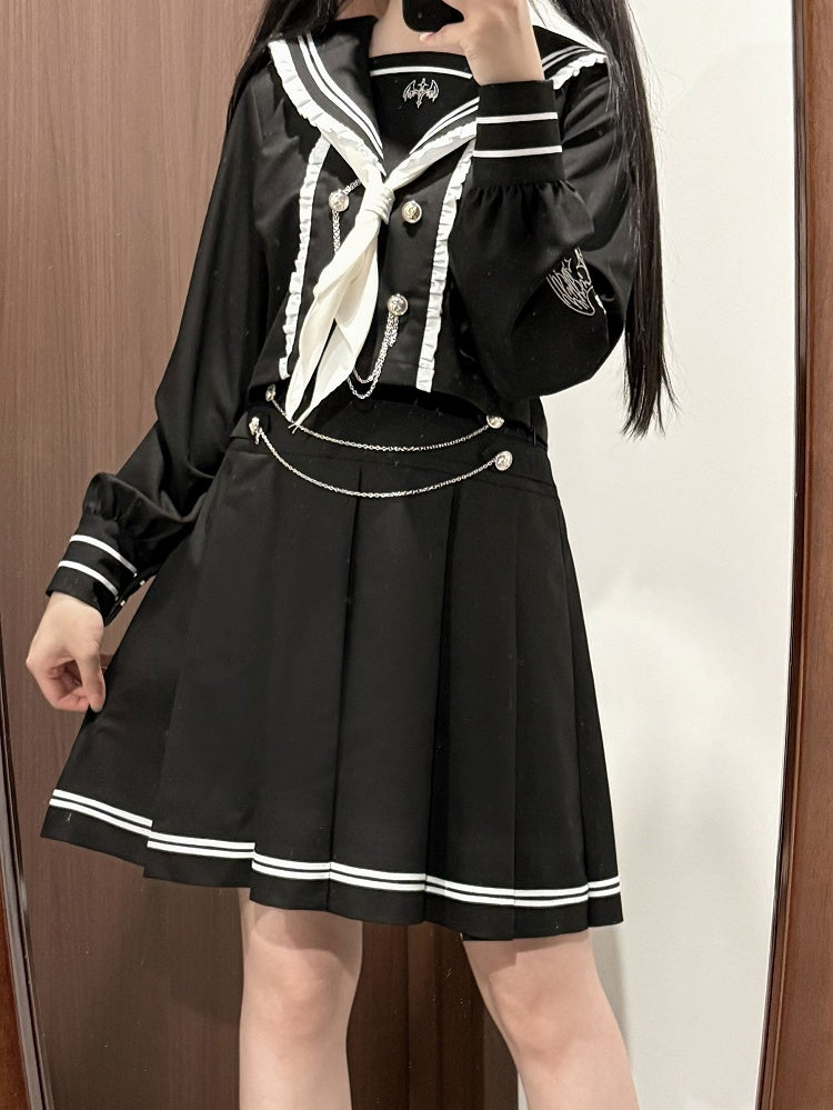 JK Uniform Short/Long Sleeves Black Sailor Collar Preppy Top Style