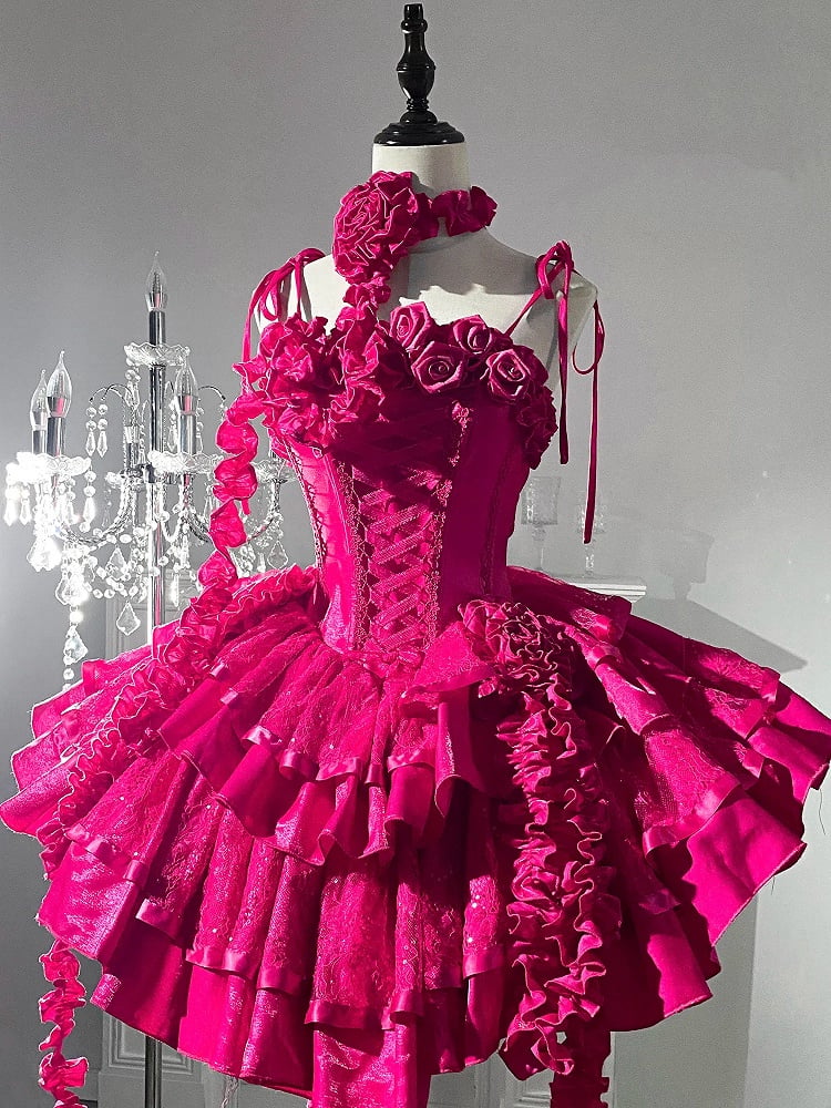 Barbie Boning Tiered Ruffle Roses Pailletten Hot Pink Kleid Goth Ausschnitt Lolita