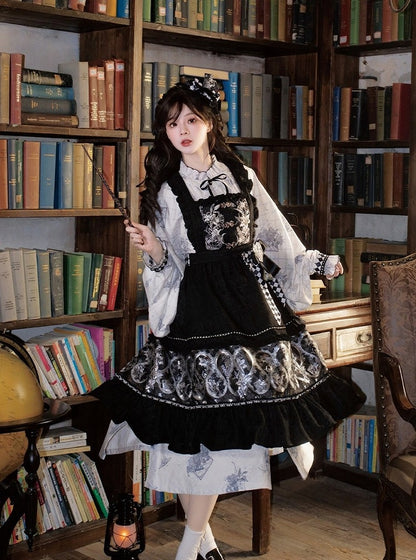 Black Elegant Print Ruffle Trim Apron Checkered Detail - Luo Xiu Dong Xiang