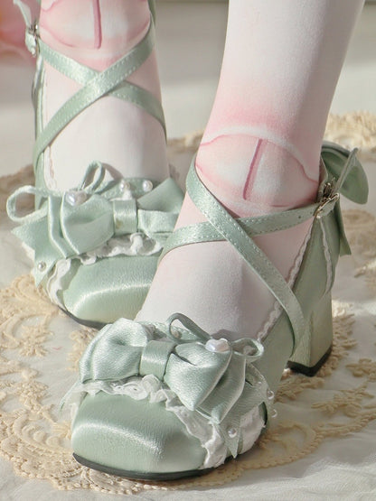 Elegant Green with Heart Snap Mid Detailing Closures Satin Light Heels Bow Lace Lolita in