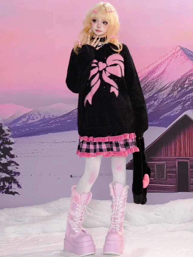 Black Sweet Bowknot Pattern Mohair Loose Sweater