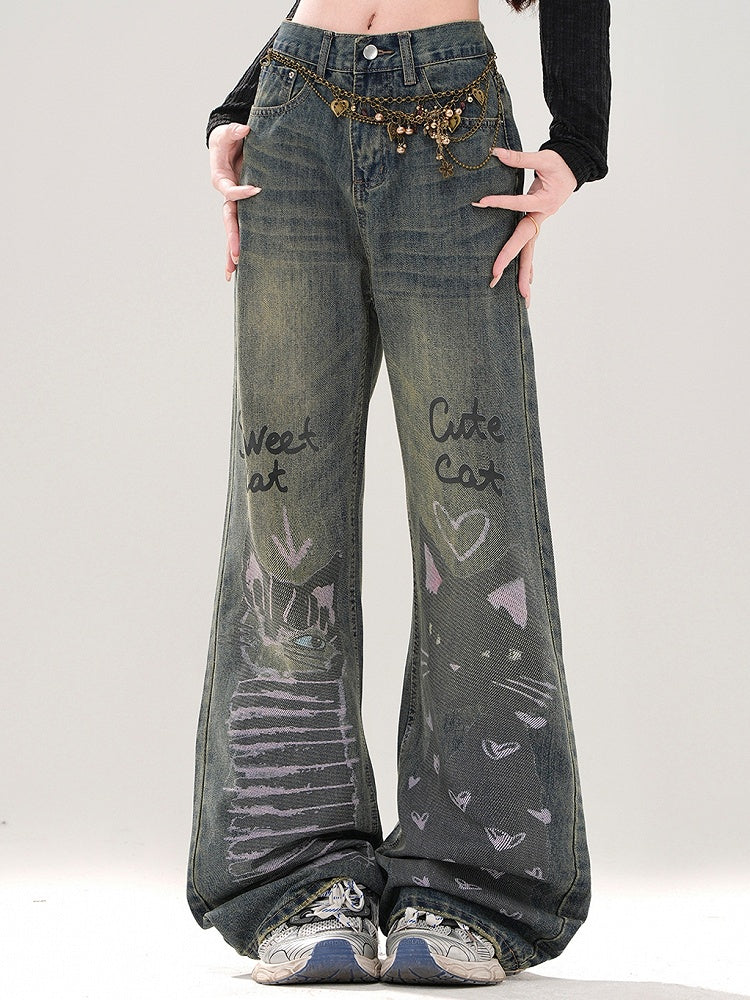 Denim Blue Cute Kitties Faded Wash Wide-leg Cut Jeans