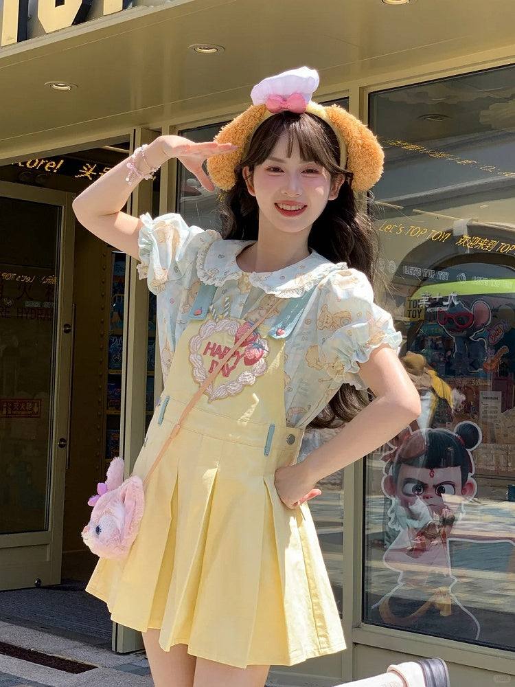Strawberry Embroidery Yellow Box Pleat Overall Dress Sweet