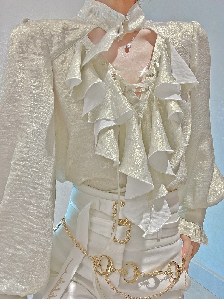 Collar and Sleeves Buckled Off Lolita White Ouji Shirt with Lace-Up Pirate Long Vibes