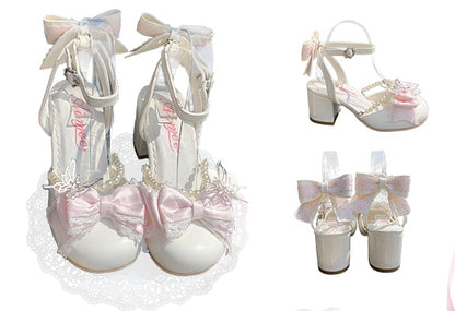 Chain Lolita Bow Shoes Detachable Sweet White Bead Jane Mary Accents and