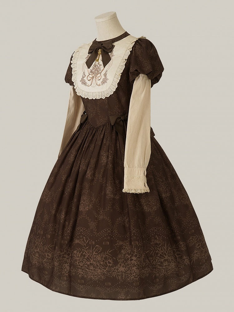 Bodice Lolita Long and Classic Floral Brown One Piece Embroidery Version Bowknot