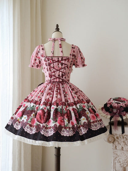 Pink Square Neck Puff Sleeve Strawberry Lolita OP