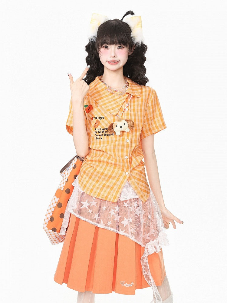 Orange Asymmetrical Plaid Shirt with Embroidery - Languid Park
