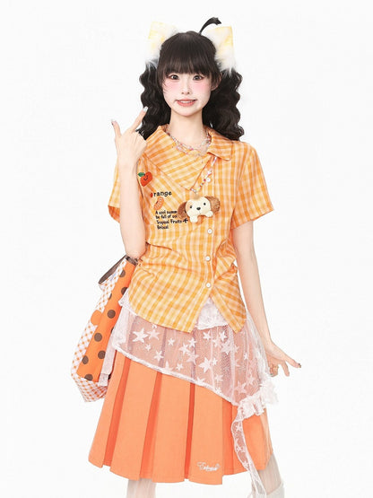 Orange Asymmetrical Plaid Shirt with Embroidery - Languid Park