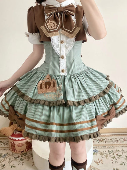 Green and Brown Preppy Striped Two-Piece Gown with Crown Embroidery - Fairy Faith