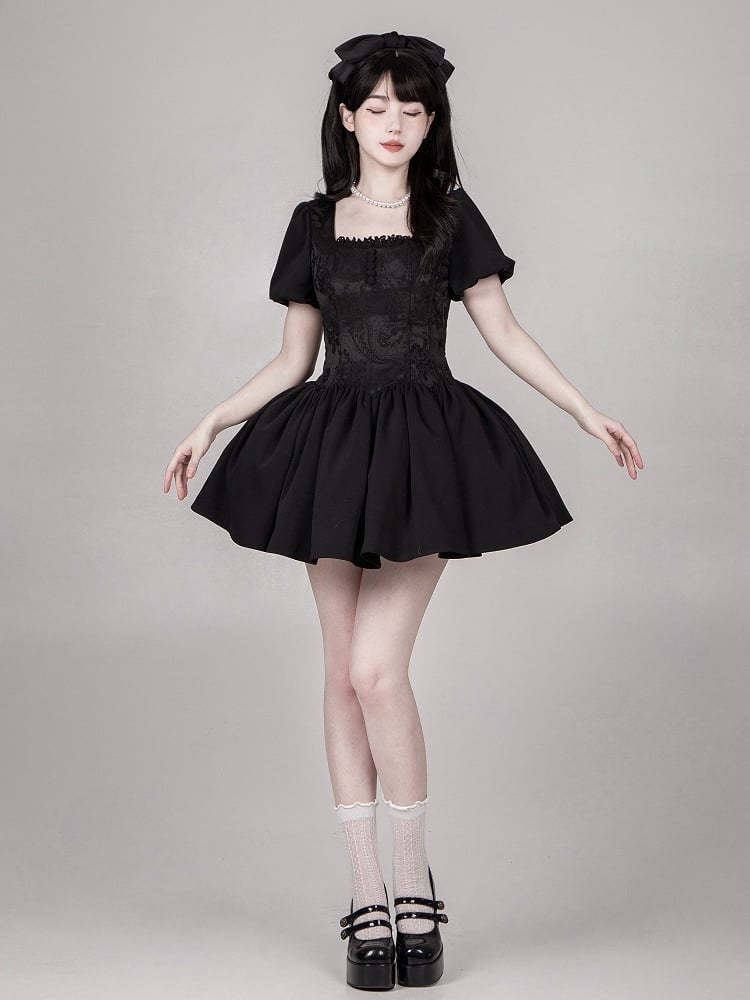 Black Short Version Boned Waist Square Neckline Dress Elegant Lolita Full Set