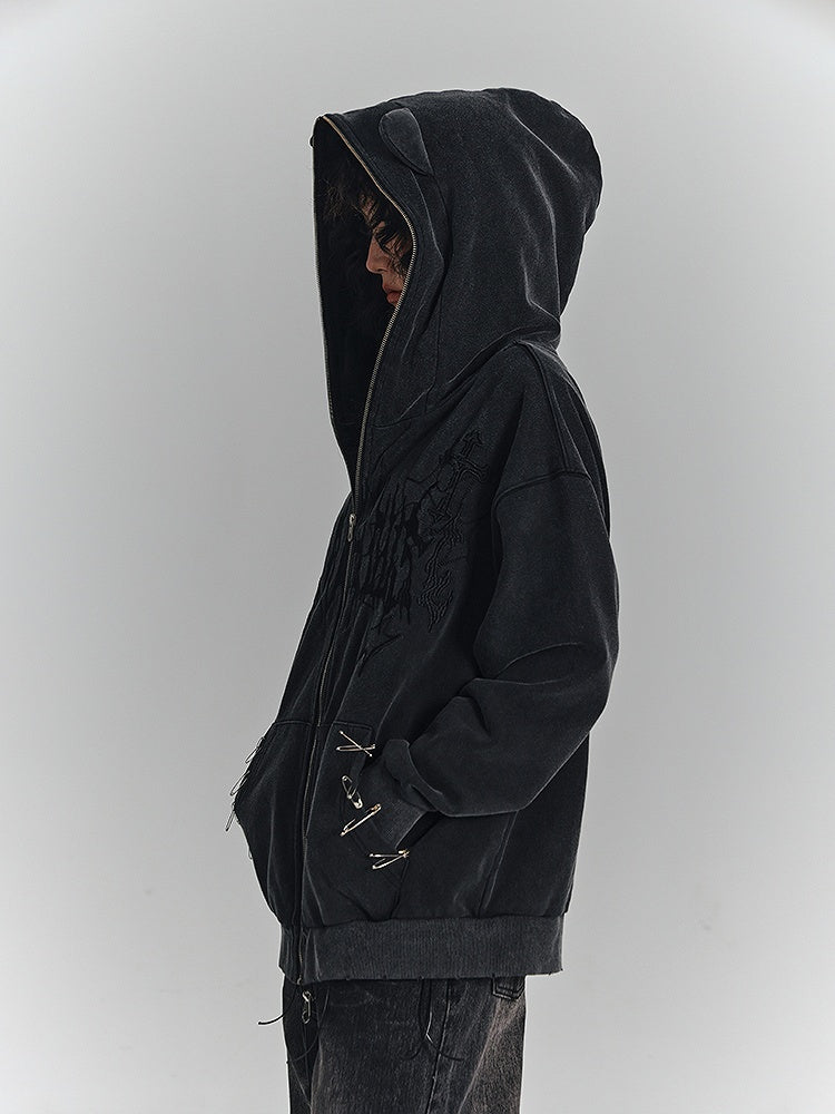 Pin Details Cat Embroidery Safety Punk Jacket Cross Hoodie Ear Black with