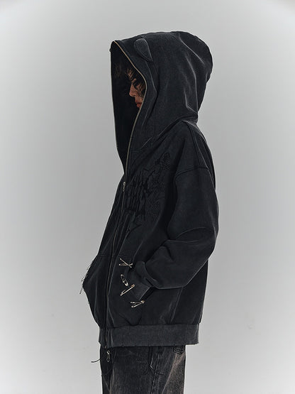 Pin Details Cat Embroidery Safety Punk Jacket Cross Hoodie Ear Black with