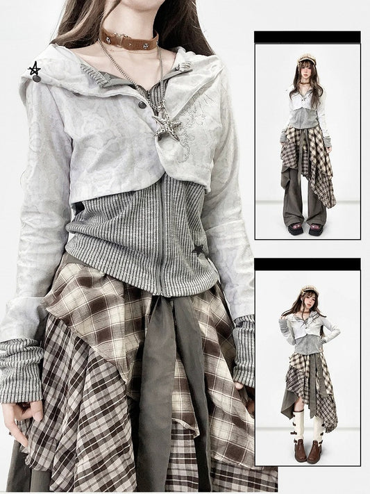 Jacket Gray Two-piece Rhinestone Pattern Striped Embellishments Hoodie with