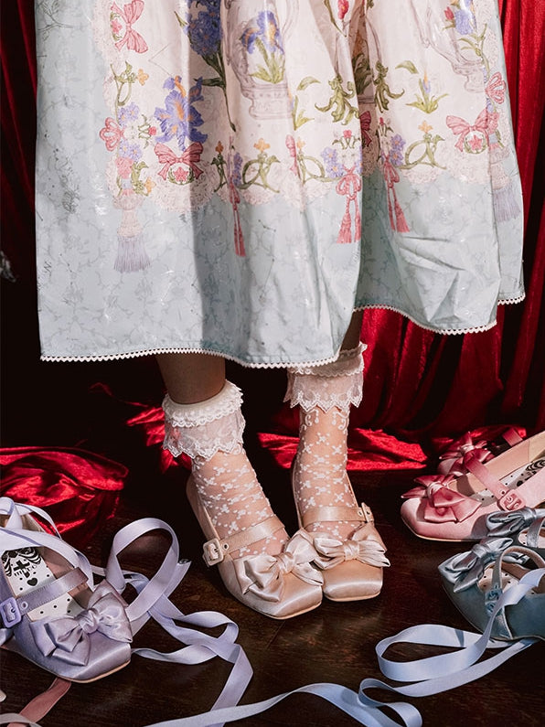 Zehen-Knöchel Square Top Janes Bow Mary Lolitacore Satin zum Schnüren Beige