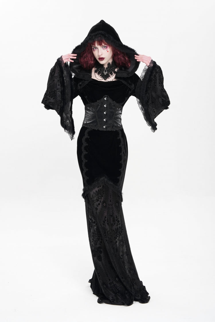 Black Long Trumpet Sleeve Hooded Mesh Gothic Dress Embroidery