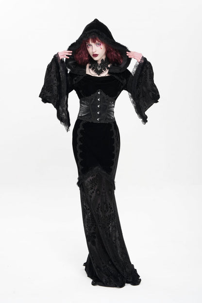 Black Long Trumpet Sleeve Hooded Mesh Gothic Dress Embroidery