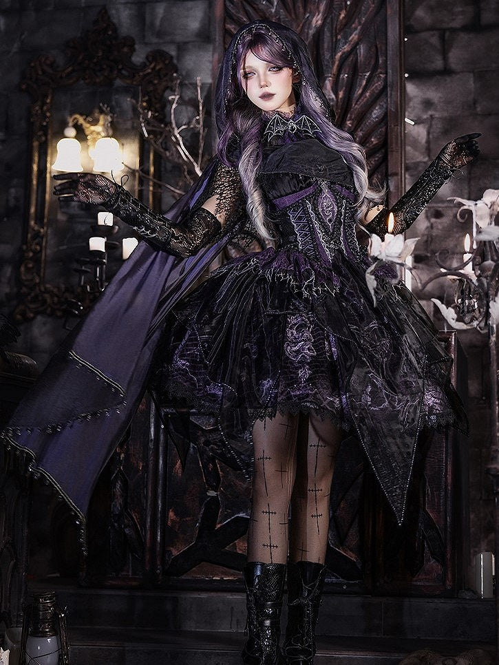 Black & Purple Bone Dragon Embroidery Halter Neck Gothic Lolita Dress Set - Ying Luo Fu