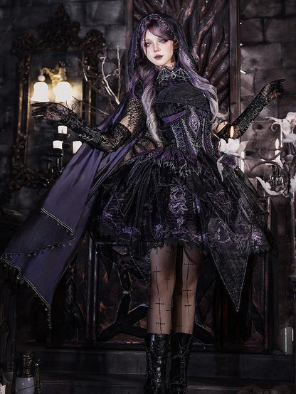 Black & Purple Bone Dragon Embroidery Halter Neck Gothic Lolita Dress Set - Ying Luo Fu