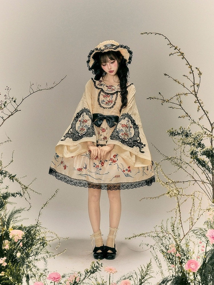 Beige Cheongsam Lolita Long Sleeve Embroidered Shirt - Yimu Walnut