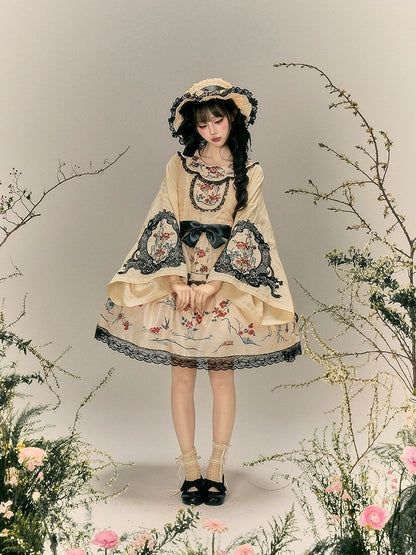 Beige Cheongsam Lolita Long Sleeve Embroidered Shirt - Yimu Walnut