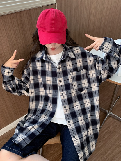 Button Plaid Blue Front Vintage Shirt Navy Placket