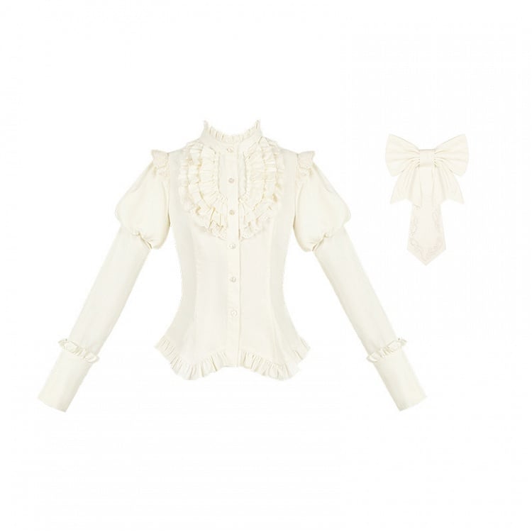 Ruffle Beige with Neckline Shirt Juliette Bowtie Cotton Sleeves