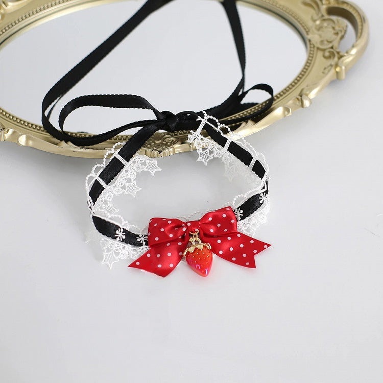 Dot Lace Strawberry - Choker Lolita Bow Polka 4-Color Design