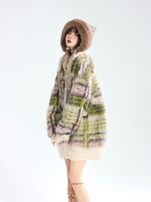 Cardigan mit Reißverschluss und gestreiftem Grün im Vintage-Stil mit hohem Mohairanteil