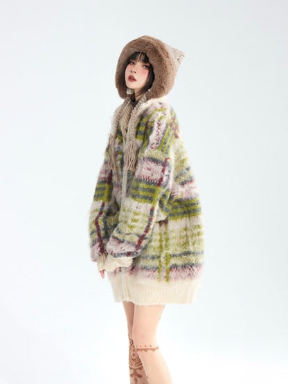 Green Zip Closure High Vintage Neck Mohair with Striped Cardigan