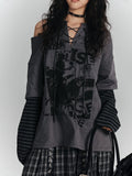 Crossed Graffiti with Top Cut-Out Gray Tie Punk Striped Sleeve V-Neck Shoulder