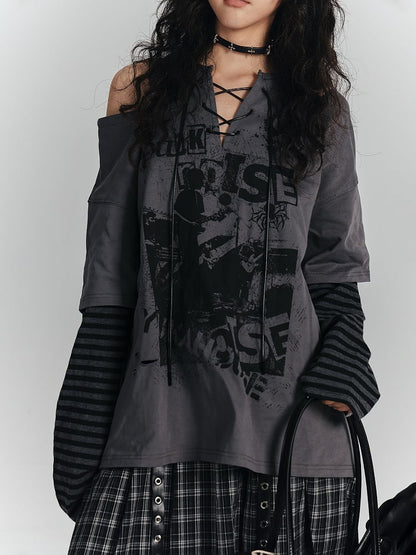 Crossed Graffiti with Top Cut-Out Gray Tie Punk Striped Sleeve V-Neck Shoulder