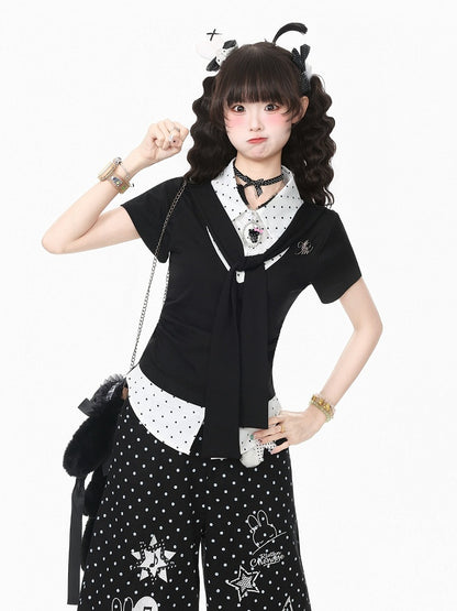 Waist-Cinched Tie-Front Faux Two-Piece Tee in Monochrome Polka Dot - Languid Park