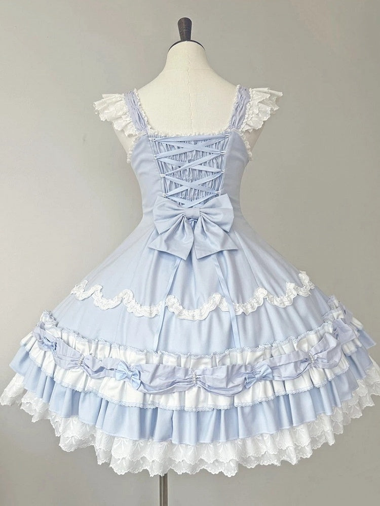 Layered Ruffle Old Bows White and Blue Decorated Sweet Hemline