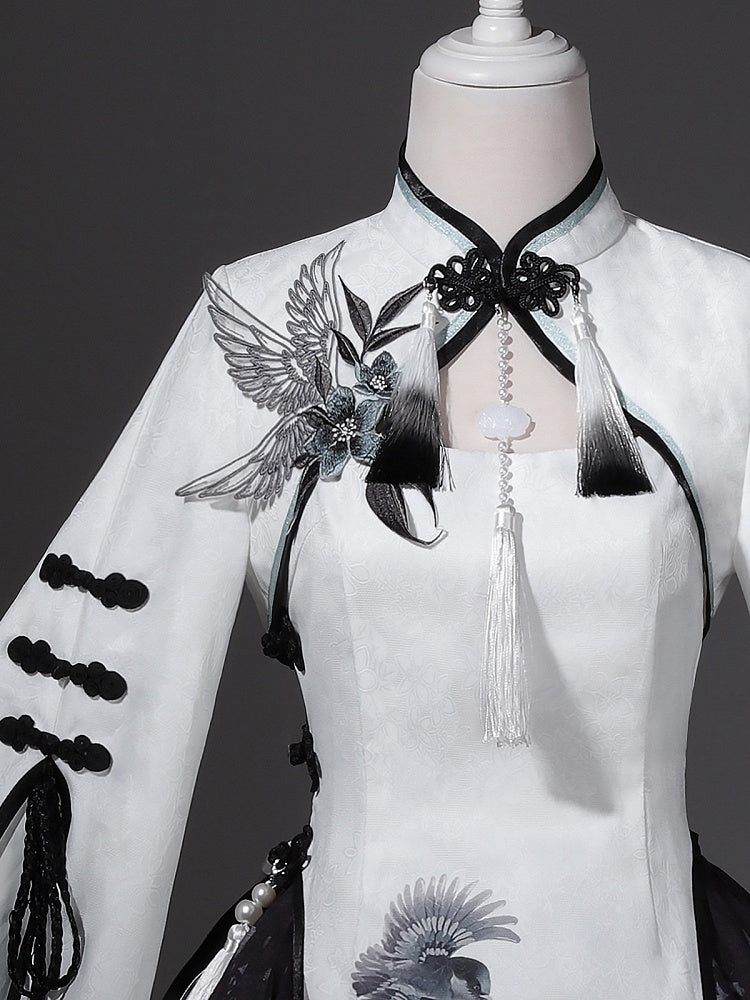 Monochrome Plum Blossom Bell-Sleeve Crop Top with Tasseled Hanfu Charm - Han Ru Chu Hanfu & Han-Element Studi