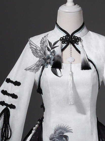 Monochrome Plum Blossom Bell-Sleeve Crop Top with Tasseled Hanfu Charm - Han Ru Chu Hanfu & Han-Element Studi