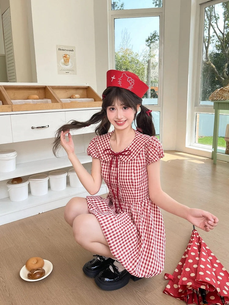 Skirt Plaid Sleeves Bubble Red Peter Pan Collar Puff Dress