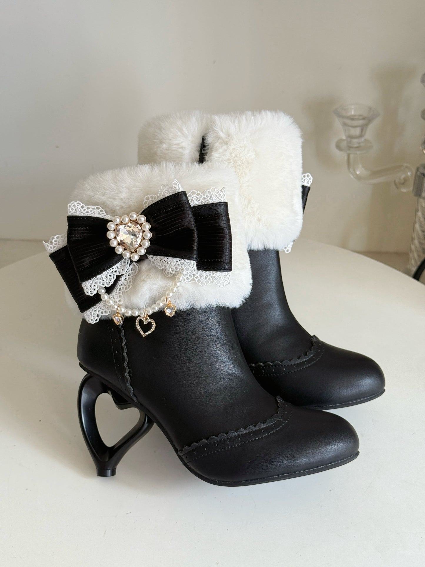 Heart-Shaped Heel Sweet Bow High Heel Ankle Boots BE008