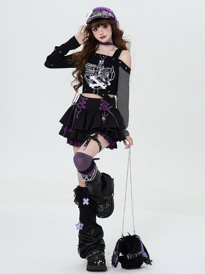 Asymmetrical Devil Print Long-Sleeve Top in Black - CRAZY GIRL
