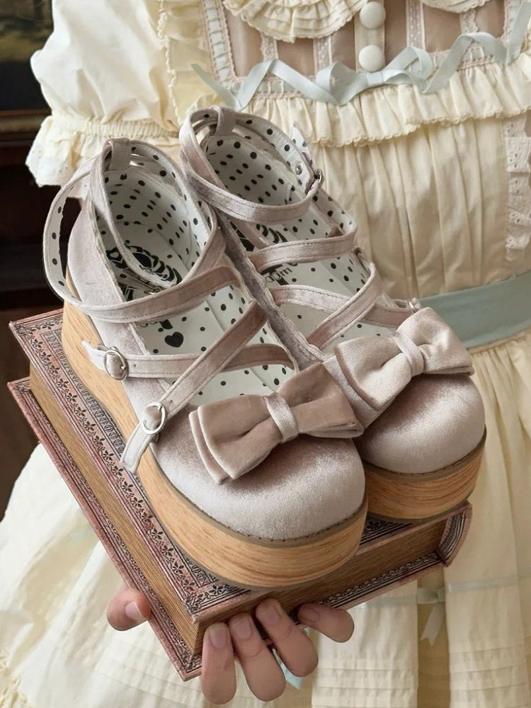 Heel with for Beige - Straps Janes Crossed Sweet Bow Platform Decor Lolita Mary