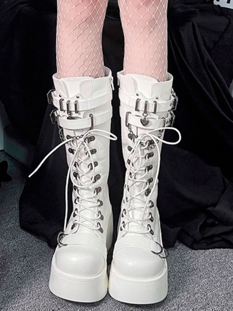 Boots Gothic Buckle Platform PU Accents - White Knee-High