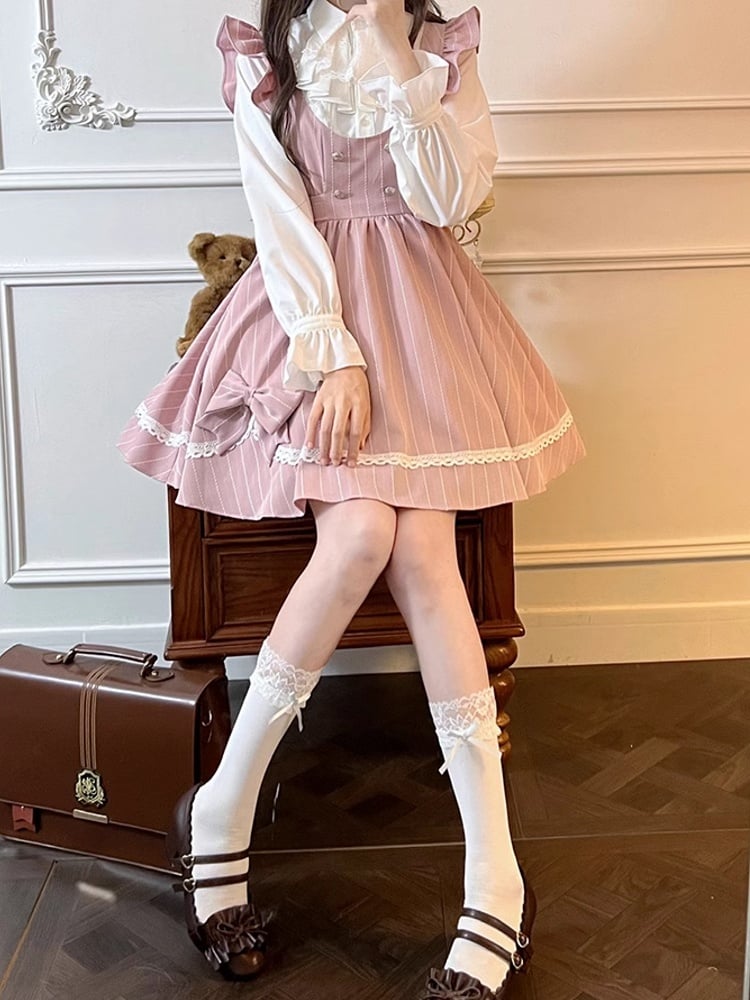 Rosa süßes, gestreiftes Kleid mit Schleife und Spitze, U-Ausschnitt über dem Knie