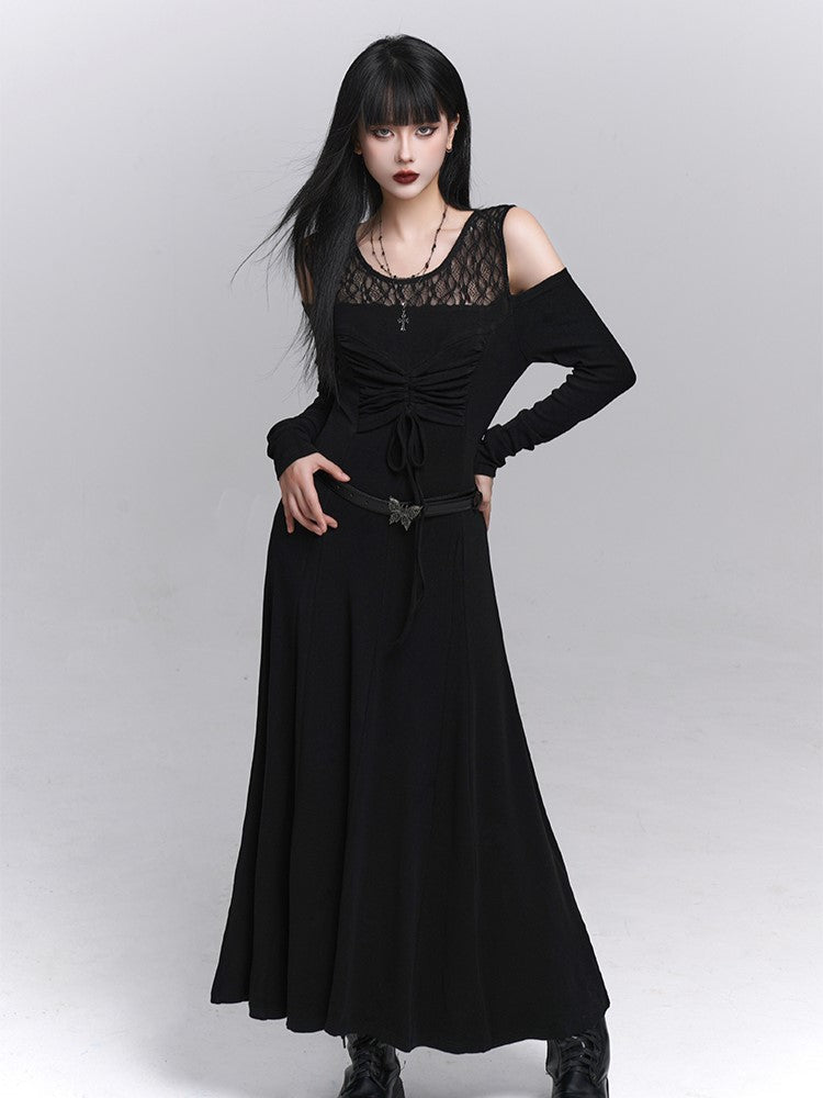 Gothic with Black Two-Piece Neckline Lace Embroidered Dress Faux