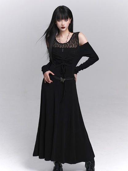 Gothic with Black Two-Piece Neckline Lace Embroidered Dress Faux