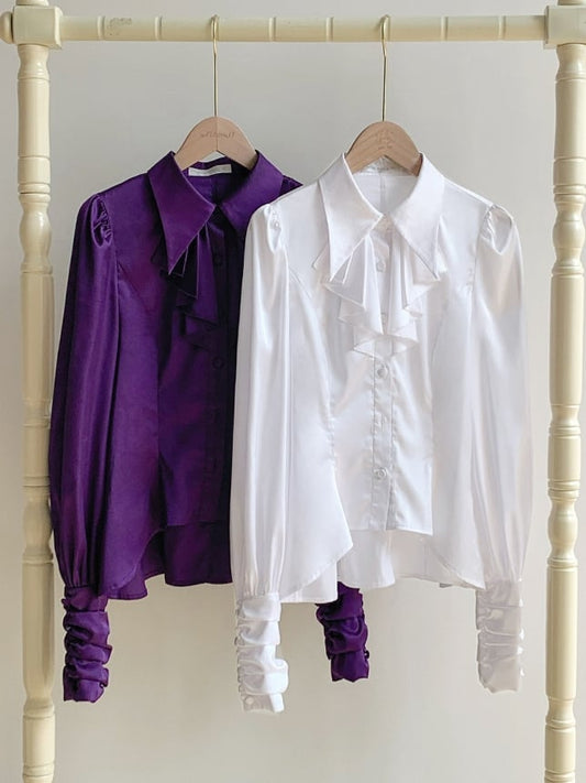 Shirt Long Foldover Gothic Cascading Sleeves Pointed Ruffles Lolita White Collar