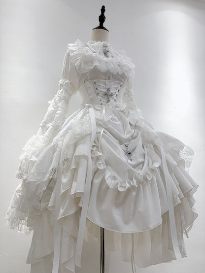 White Gothic Lolita Boned Corset Waist Skirt with Drawstring - Nightingale Girl