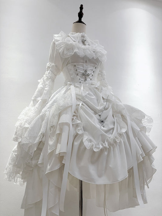 White Gothic Lolita Boned Corset Waist Skirt with Drawstring - Nightingale Girl