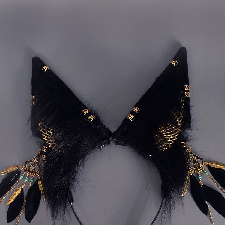 Decorations Ear Black KC and with Wing Wolf Golden Faux Feather