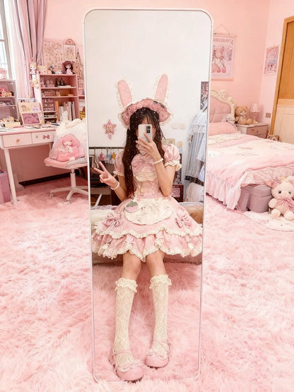 Polka Dress Bow with Details Sweet OP Strawberry and Dot Themed Pink Light Lace Lolita